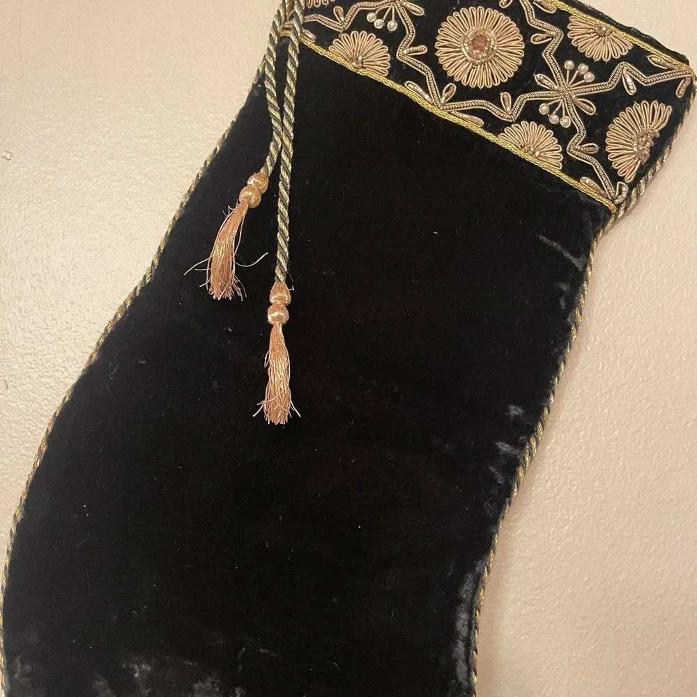 Neiman Marcus Precious Stone Gold Embroidered Velvet Christmas‎ Stocking Sudha
